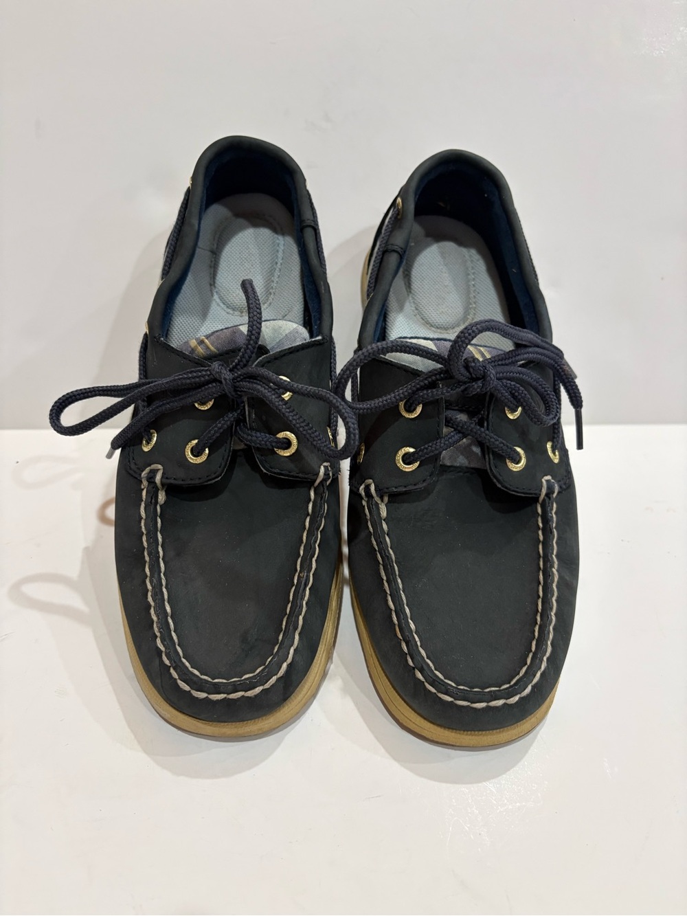 Sperry Topsider Boat Shoes with Grey Plaid Accent Panels.